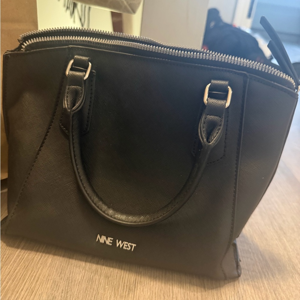 Nine West Black Structured Satchel with Top Handles leather purse